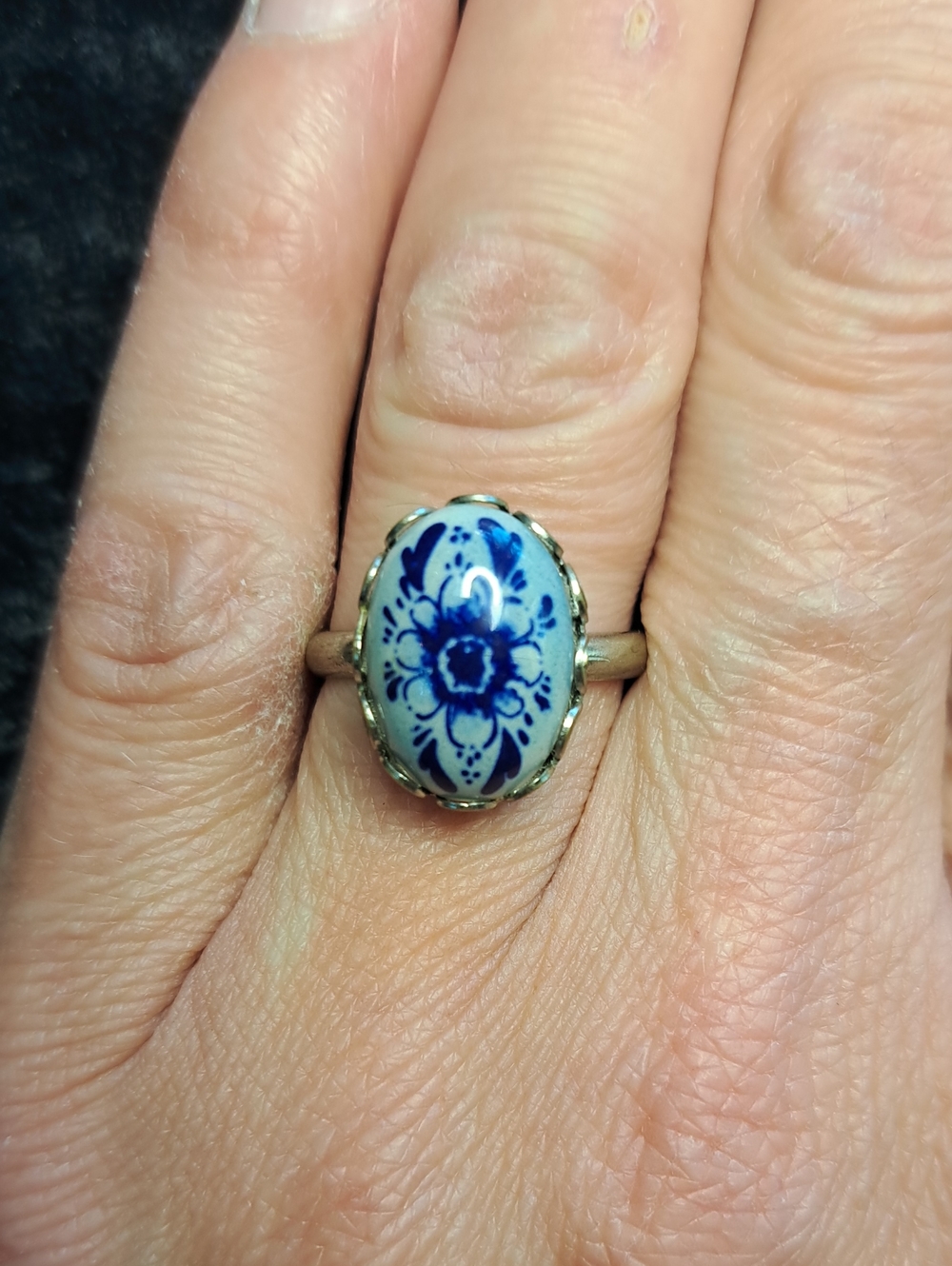 Hand-Painted Blue Floral Porcelain Oval Ring - Women's Jewelry